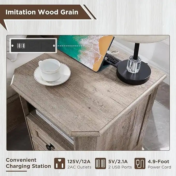 Table de chevet style ferme 18 pouces avec station de recharge, table d'appoint, table de chevet