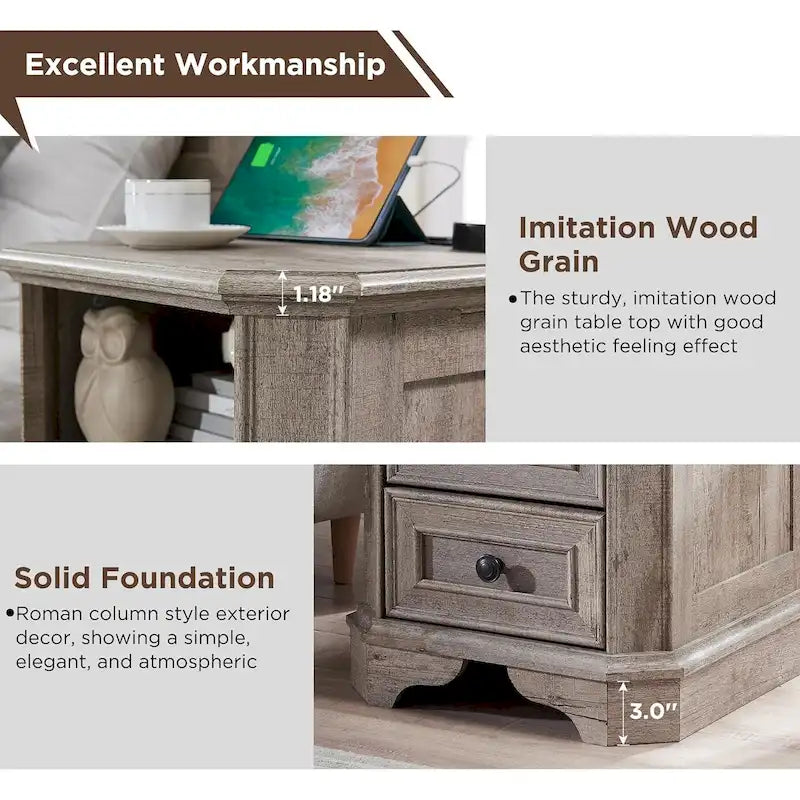 Table de chevet style ferme 18 pouces avec station de recharge, table d'appoint, table de chevet