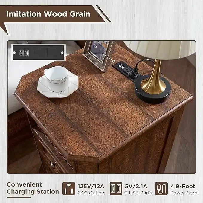 Table de chevet style ferme 18 pouces avec station de recharge, table d'appoint, table de chevet