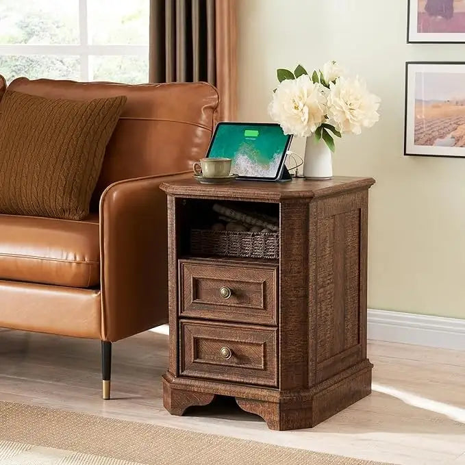 Table de chevet style ferme 18 pouces avec station de recharge, table d'appoint, table de chevet