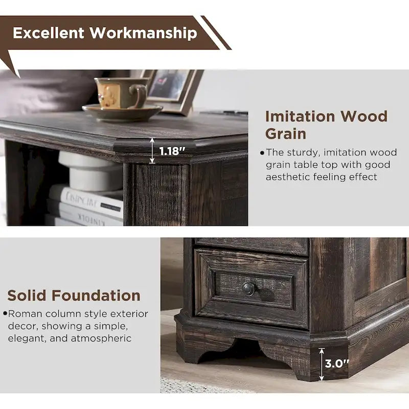 Table de chevet style ferme 18 pouces avec station de recharge, table d'appoint, table de chevet