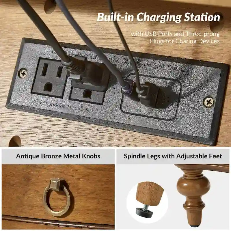 Table de chevet traditionnelle Alois à 3 tiroirs avec pieds fuseaux en bois massif par HULALA HOME