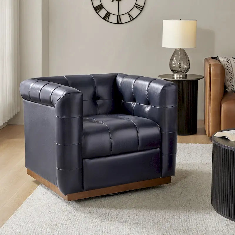 Fauteuil club pivotant en cuir véritable capitonné capitonné, style moderne du milieu du siècle, par HULALA HOME