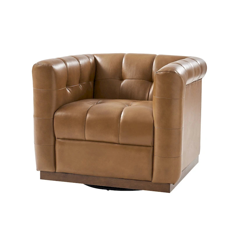 Fauteuil club pivotant en cuir véritable capitonné capitonné, style moderne du milieu du siècle, par HULALA HOME