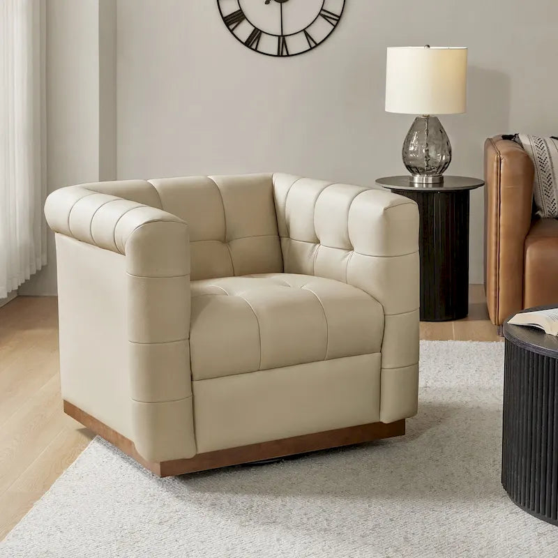 Fauteuil club pivotant en cuir véritable capitonné capitonné, style moderne du milieu du siècle, par HULALA HOME