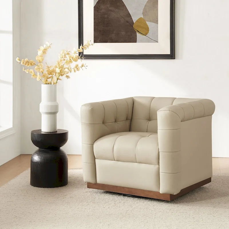 Fauteuil club pivotant en cuir véritable capitonné capitonné, style moderne du milieu du siècle, par HULALA HOME