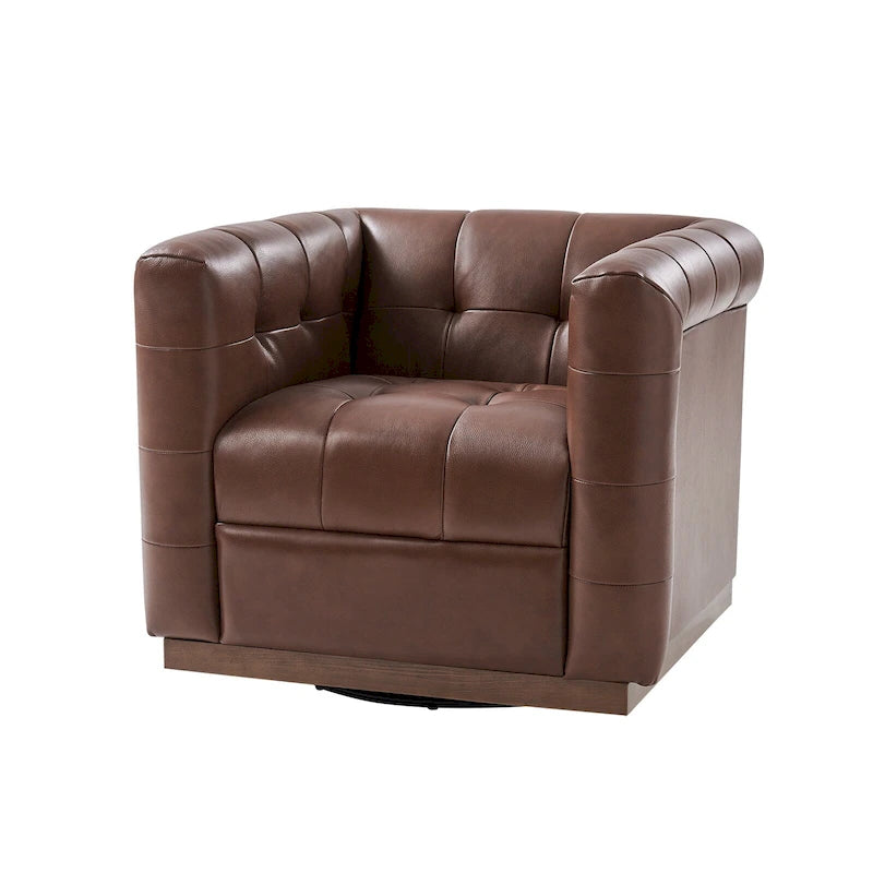 Fauteuil club pivotant en cuir véritable capitonné capitonné, style moderne du milieu du siècle, par HULALA HOME
