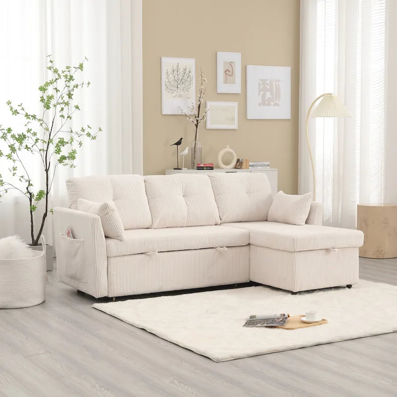 Corduroy/Chenille Upholstered L-Shaped Storage Reversible Chaise Sectional Sofa with Side Pocket