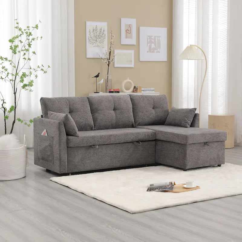 Canapé d'angle réversible en L avec méridienne et rangement, revêtu de velours côtelé/chenille et poche latérale