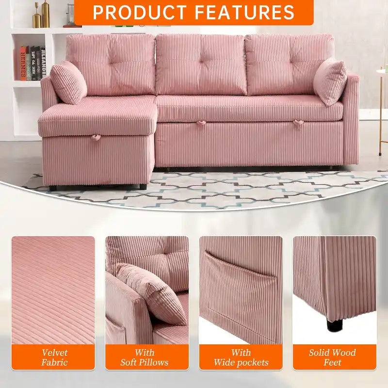 Canapé d'angle réversible en L avec méridienne et rangement, revêtu de velours côtelé/chenille et poche latérale