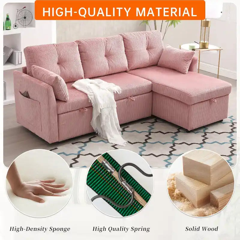 Canapé d'angle réversible en L avec méridienne et rangement, revêtu de velours côtelé/chenille et poche latérale