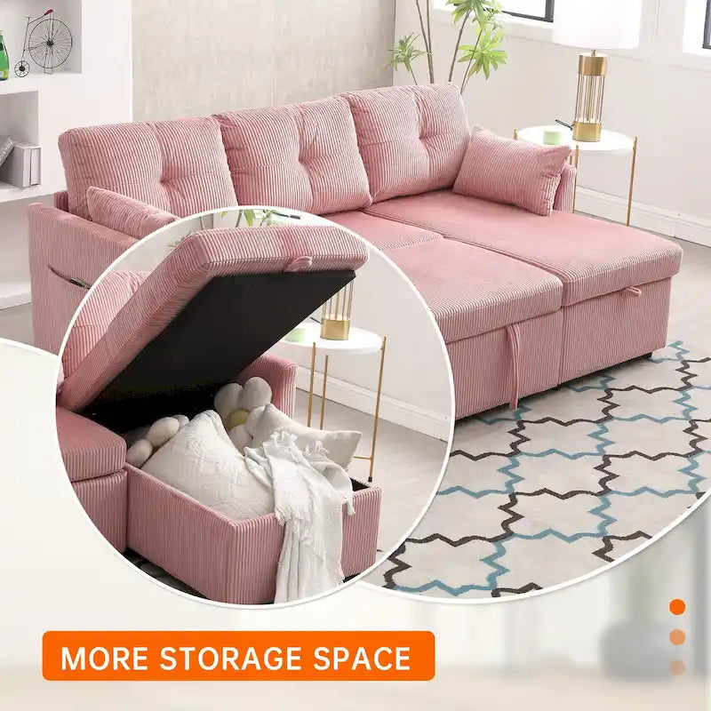 Canapé d'angle réversible en L avec méridienne et rangement, revêtu de velours côtelé/chenille et poche latérale