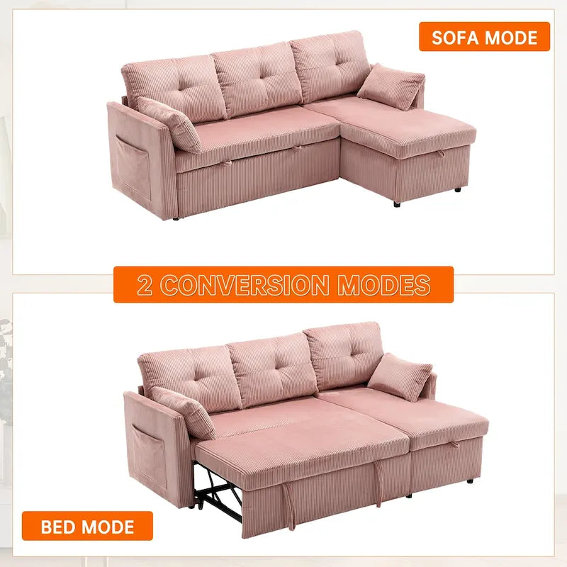 Canapé d'angle réversible en L avec méridienne et rangement, revêtu de velours côtelé/chenille et poche latérale