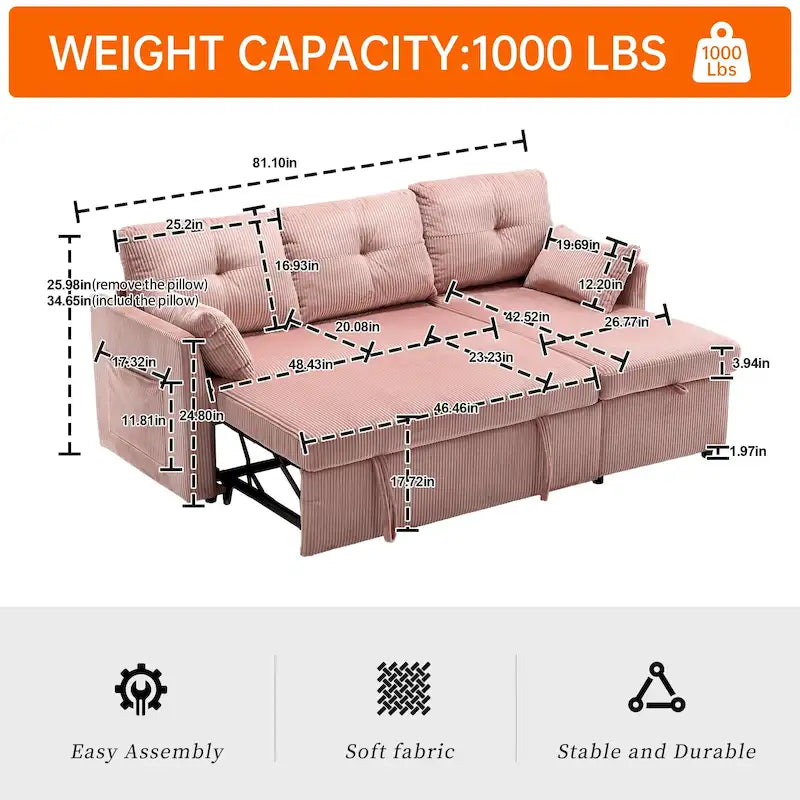 Canapé d'angle réversible en L avec méridienne et rangement, revêtu de velours côtelé/chenille et poche latérale