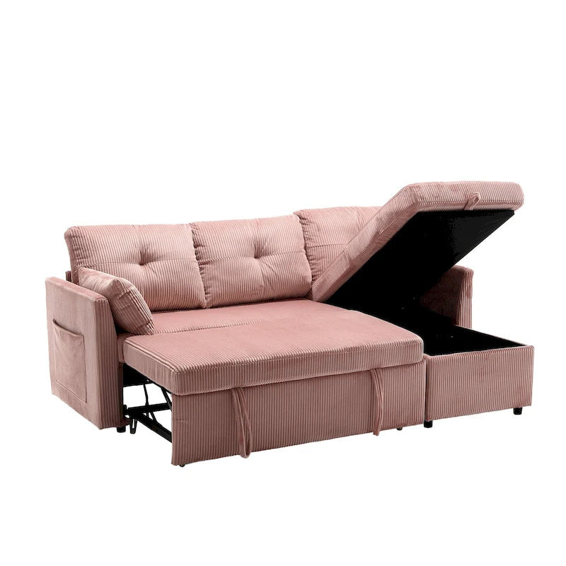 Canapé d'angle réversible en L avec méridienne et rangement, revêtu de velours côtelé/chenille et poche latérale