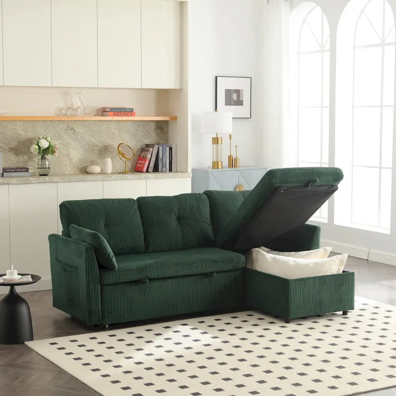 Canapé d'angle réversible en L avec méridienne et rangement, revêtu de velours côtelé/chenille et poche latérale