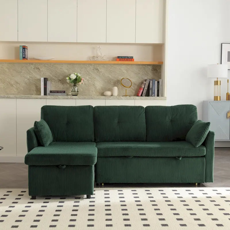 Canapé d'angle réversible en L avec méridienne et rangement, revêtu de velours côtelé/chenille et poche latérale