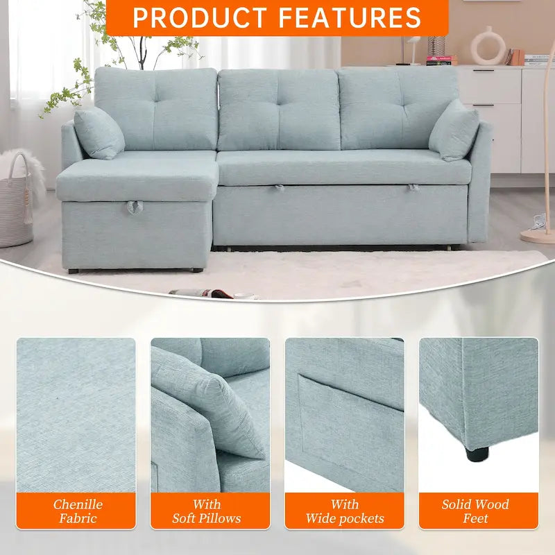 Canapé d'angle réversible en L avec méridienne et rangement, revêtu de velours côtelé/chenille et poche latérale