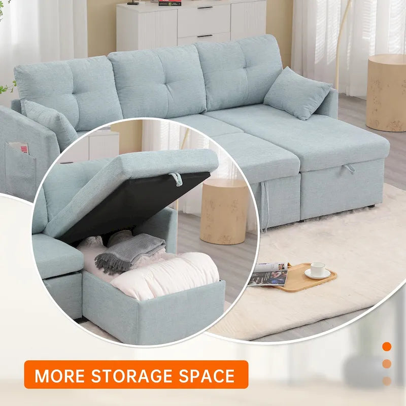 Canapé d'angle réversible en L avec méridienne et rangement, revêtu de velours côtelé/chenille et poche latérale