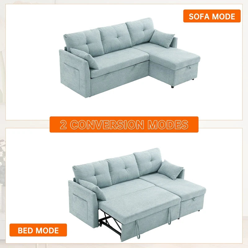 Canapé d'angle réversible en L avec méridienne et rangement, revêtu de velours côtelé/chenille et poche latérale