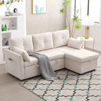 Canapé d'angle réversible en L avec méridienne et rangement, revêtu de velours côtelé/chenille et poche latérale