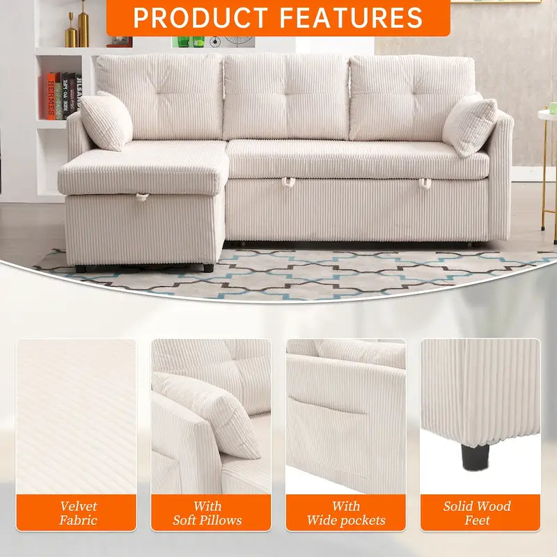 Canapé d'angle réversible en L avec méridienne et rangement, revêtu de velours côtelé/chenille et poche latérale