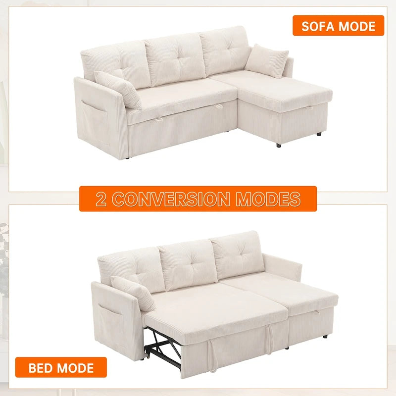 Canapé d'angle réversible en L avec méridienne et rangement, revêtu de velours côtelé/chenille et poche latérale