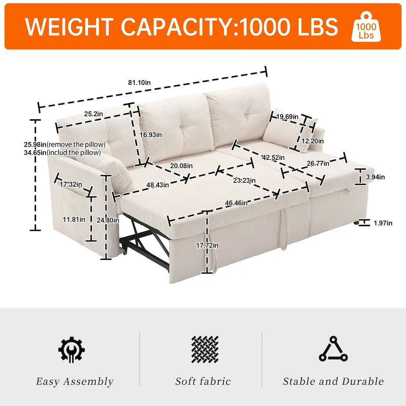 Canapé d'angle réversible en L avec méridienne et rangement, revêtu de velours côtelé/chenille et poche latérale