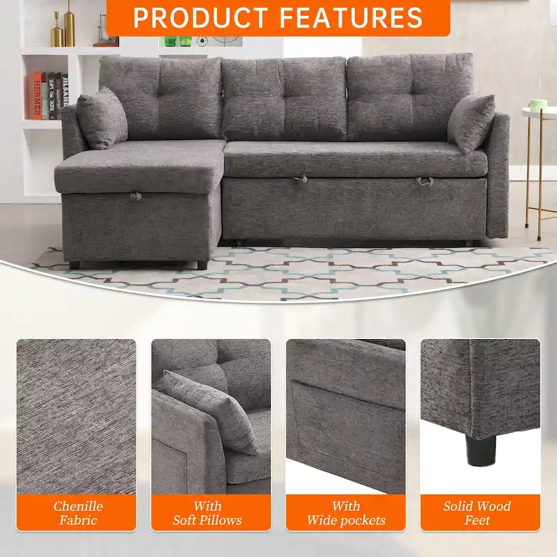 Canapé d'angle réversible en L avec méridienne et rangement, revêtu de velours côtelé/chenille et poche latérale