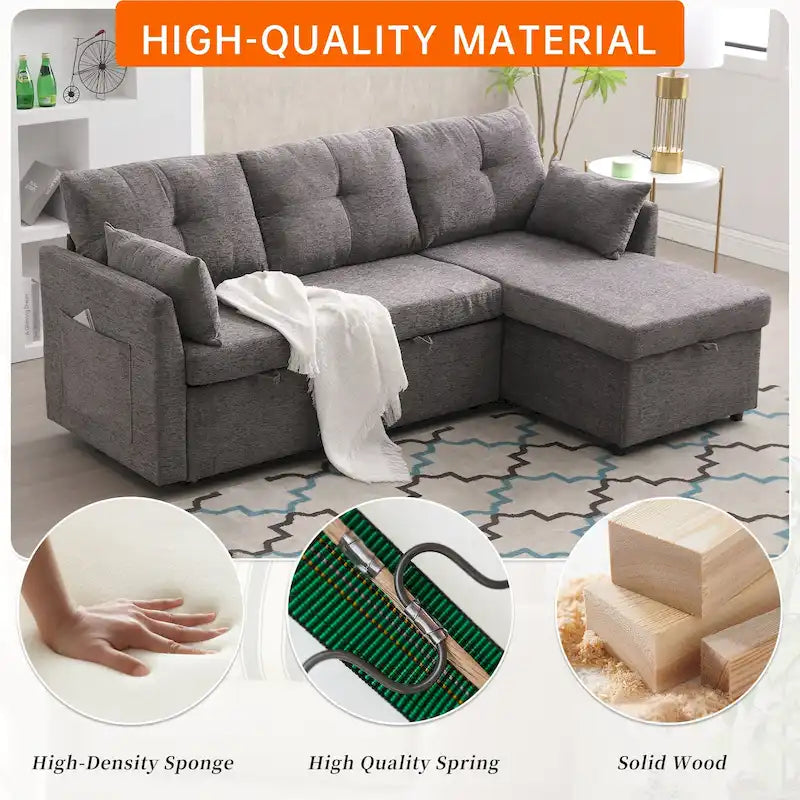 Canapé d'angle réversible en L avec méridienne et rangement, revêtu de velours côtelé/chenille et poche latérale