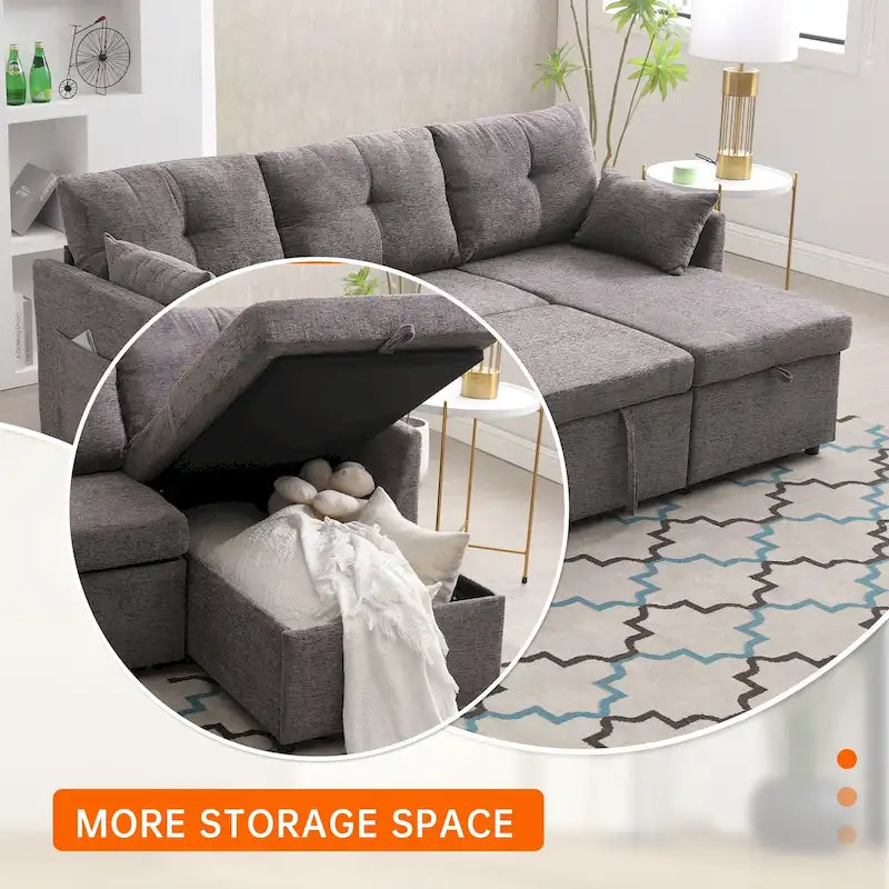 Canapé d'angle réversible en L avec méridienne et rangement, revêtu de velours côtelé/chenille et poche latérale