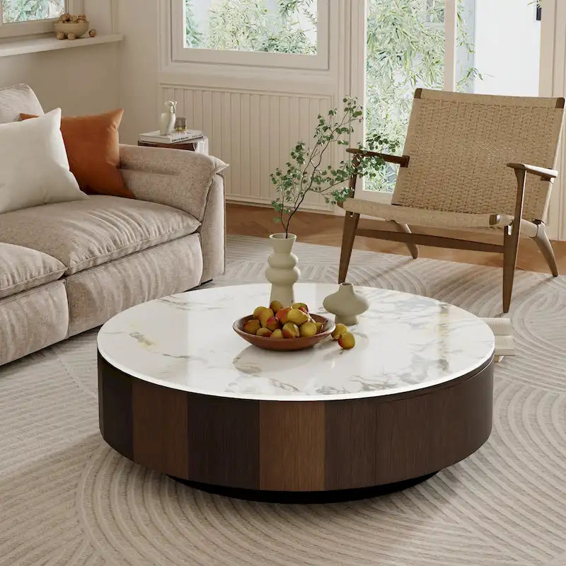 Table basse ronde moderne en faux marbre, plateau en pierre frittée blanche brillante, style milieu du siècle avec tiroir en bois massif
