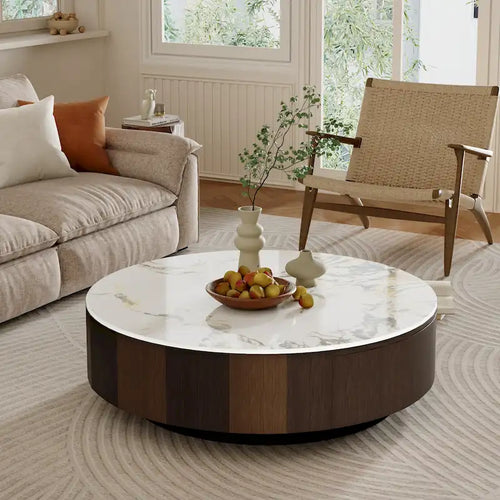 Table basse ronde moderne en faux marbre, plateau en pierre frittée blanche brillante, style milieu du siècle avec tiroir en bois massif