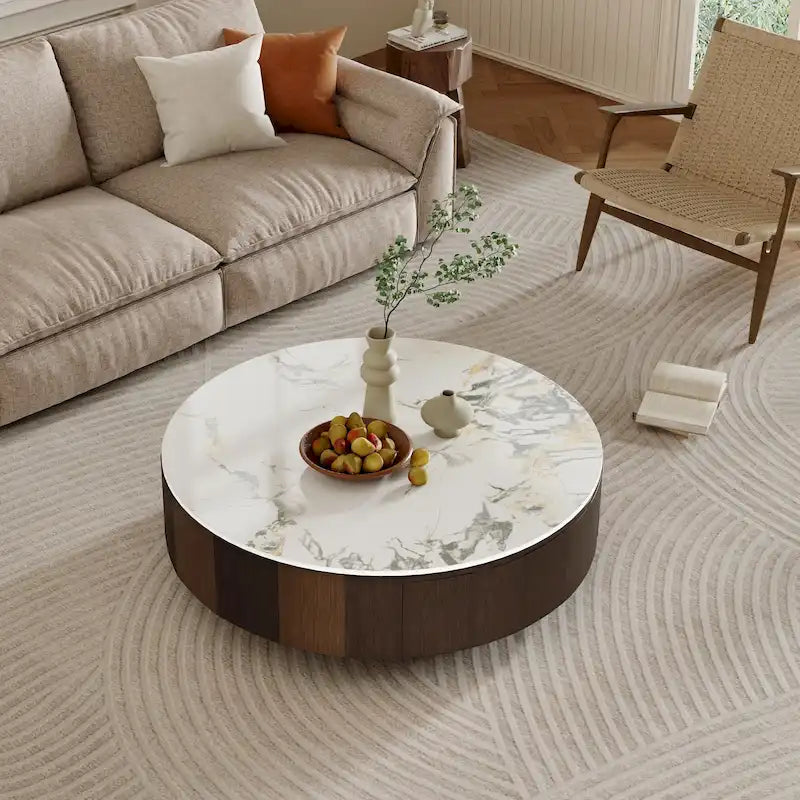 Table basse ronde moderne en faux marbre, plateau en pierre frittée blanche brillante, style milieu du siècle avec tiroir en bois massif