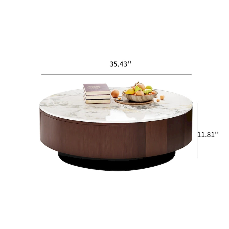 Table basse ronde moderne en faux marbre, plateau en pierre frittée blanche brillante, style milieu du siècle avec tiroir en bois massif