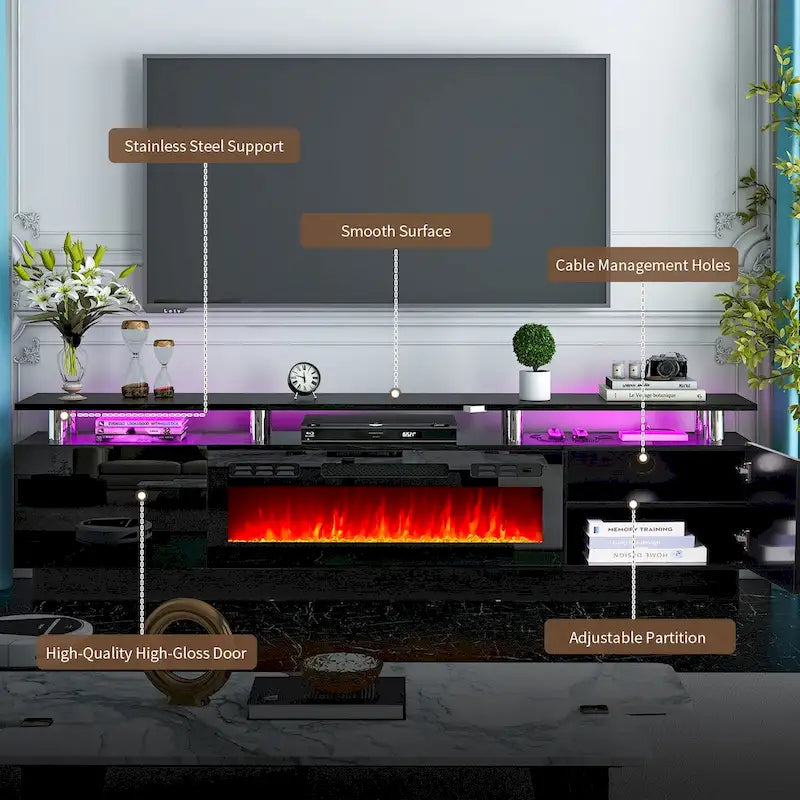 Meuble TV à 2 niveaux de 80 pouces pour téléviseurs jusqu'à 90 pouces, avec cheminée électrique de 36 pouces.