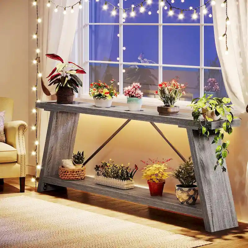 Console/table basse rustique en bois de 180 cm de long avec étagère de rangement