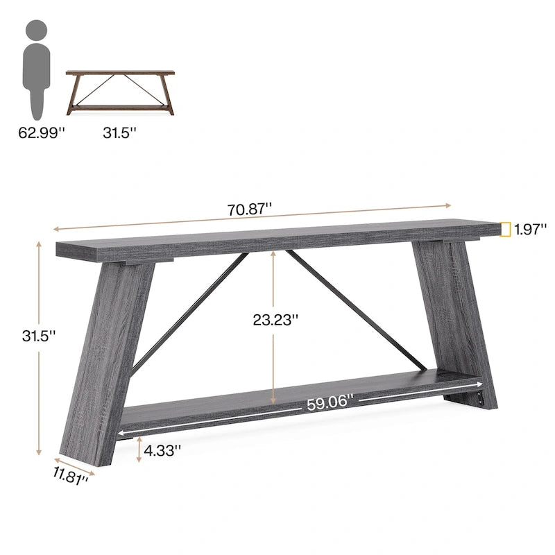 Console/table basse rustique en bois de 180 cm de long avec étagère de rangement