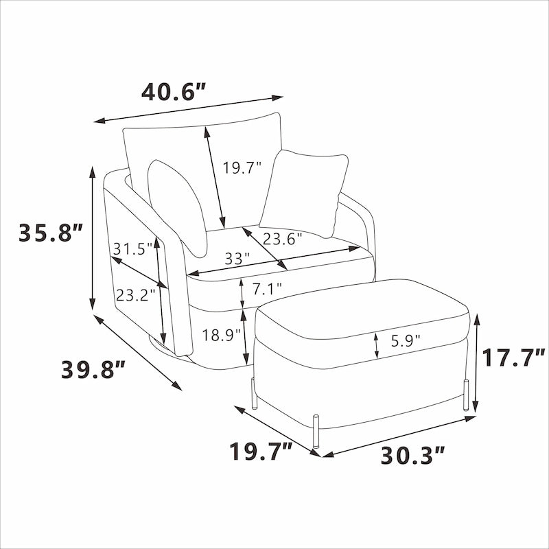 Fauteuil pivotant rembourré de 40,6 cm de large avec coussins